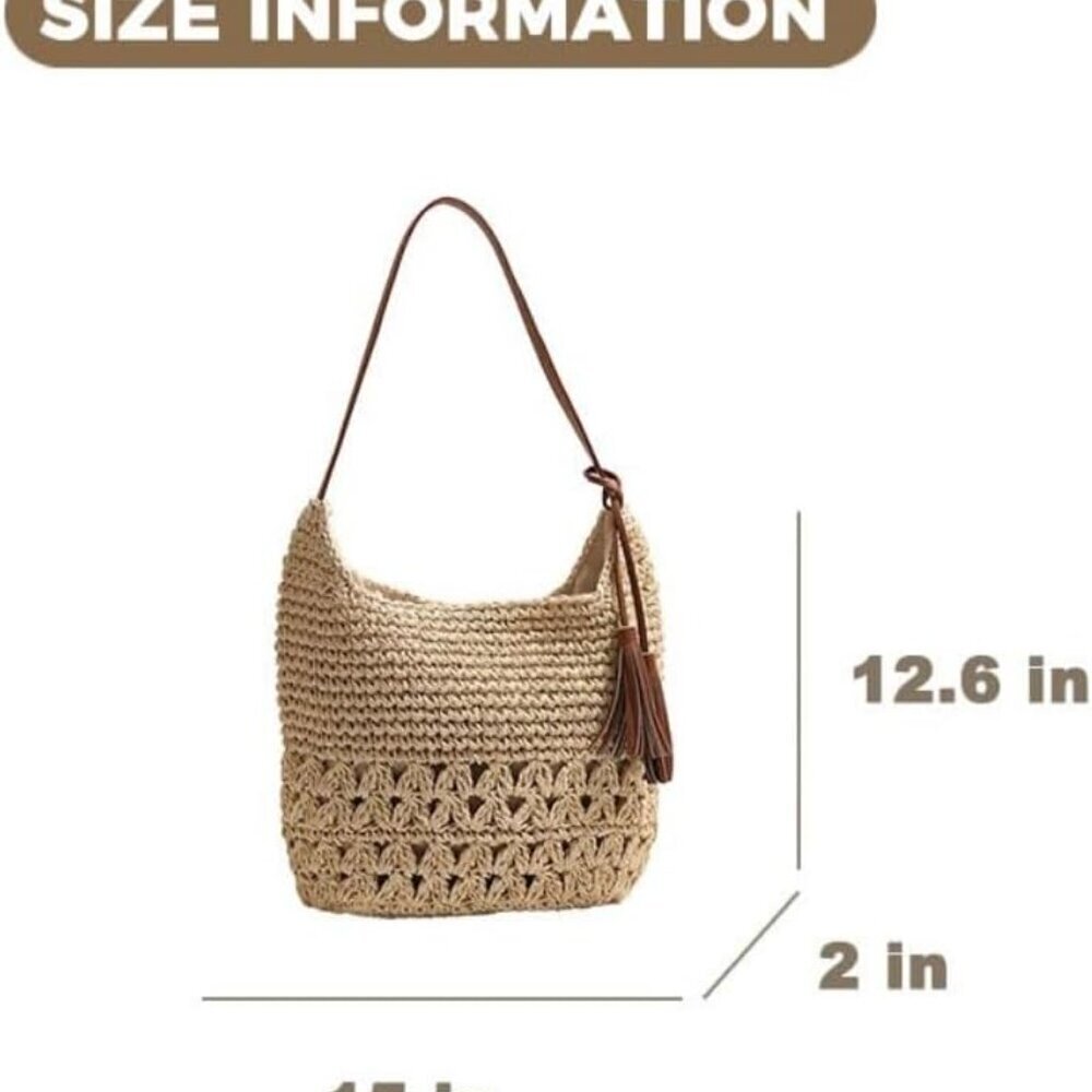 Women's Straw Woven Tote Bag Handmade Crochet Beach Vacation Shoulder Bag - Picture 4 of 8